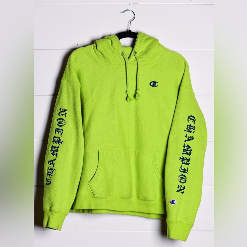 Champion Hoodie Womens 2XL Lime Green Reverse Weave Embroidered Logo Spelled Out